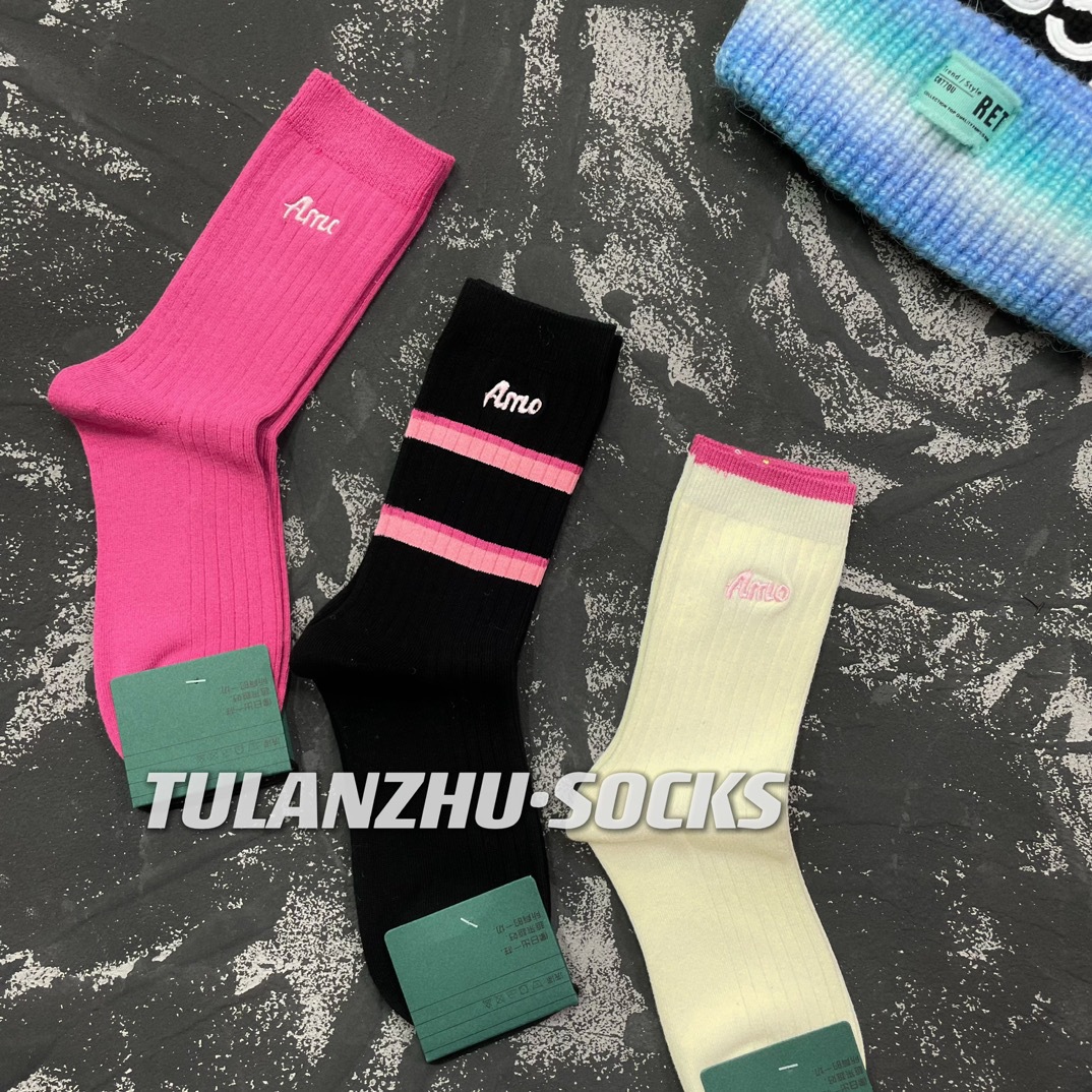 三双装玫粉色条纹秋冬新款袜子