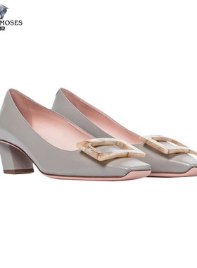 Roger Vivier/罗杰·维维亚女士新款灰色小牛皮方形带扣高跟鞋