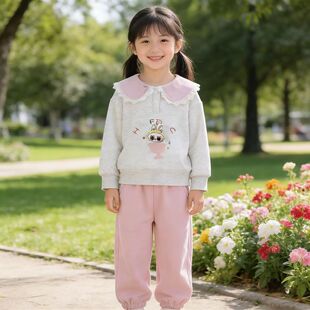 女童新款娃娃领卫衣套装春装洋气翻领卡通衣服宝宝束脚裤两件套