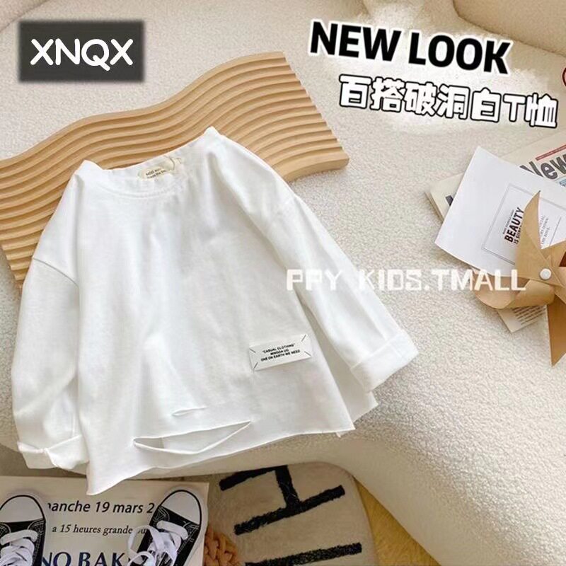 标签破洞单T白色男童棉薄款长袖T恤春秋季新款宝宝纯色上衣打底衫