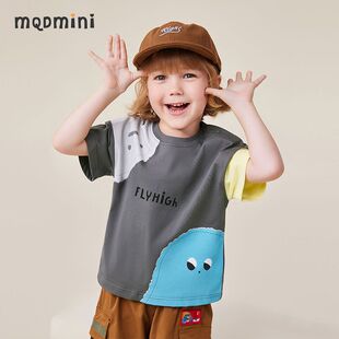 MQDmini夏季新款男童短袖t恤中小童拼接撞色落肩袖棉质卡通半袖T