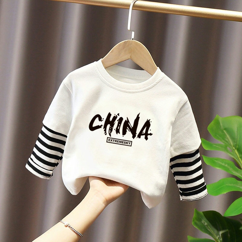 G2328#春秋装百搭儿童T恤打底衫男童纯棉长袖t恤女童白色圆领上衣