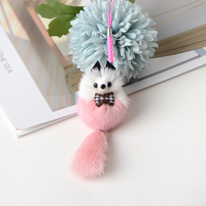 新款水貂毛小狐狸挂件汽车钥匙扣链毛绒装饰男女孩生日迷你礼物潮