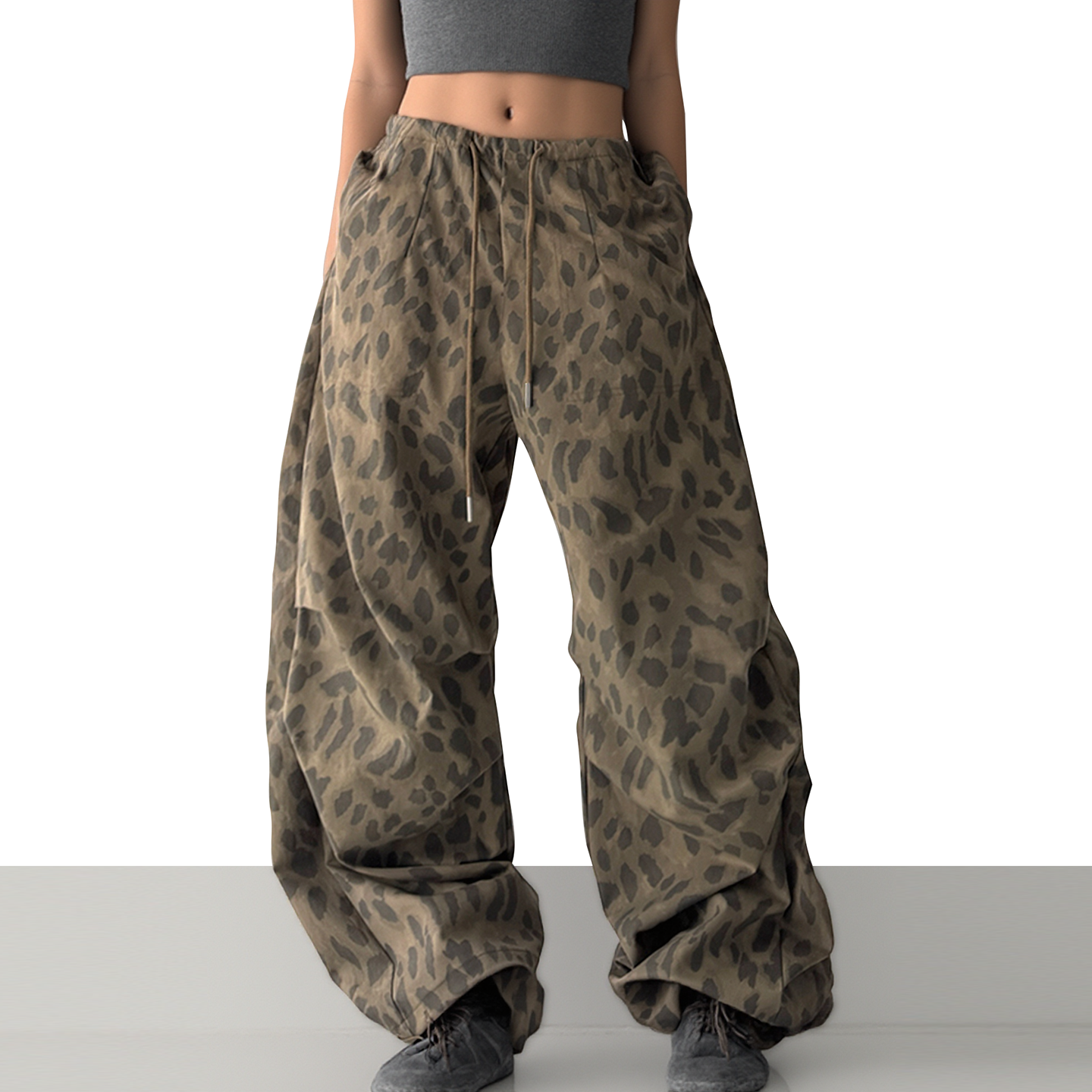 美式复古豹纹抽绳休闲长裤2025潮