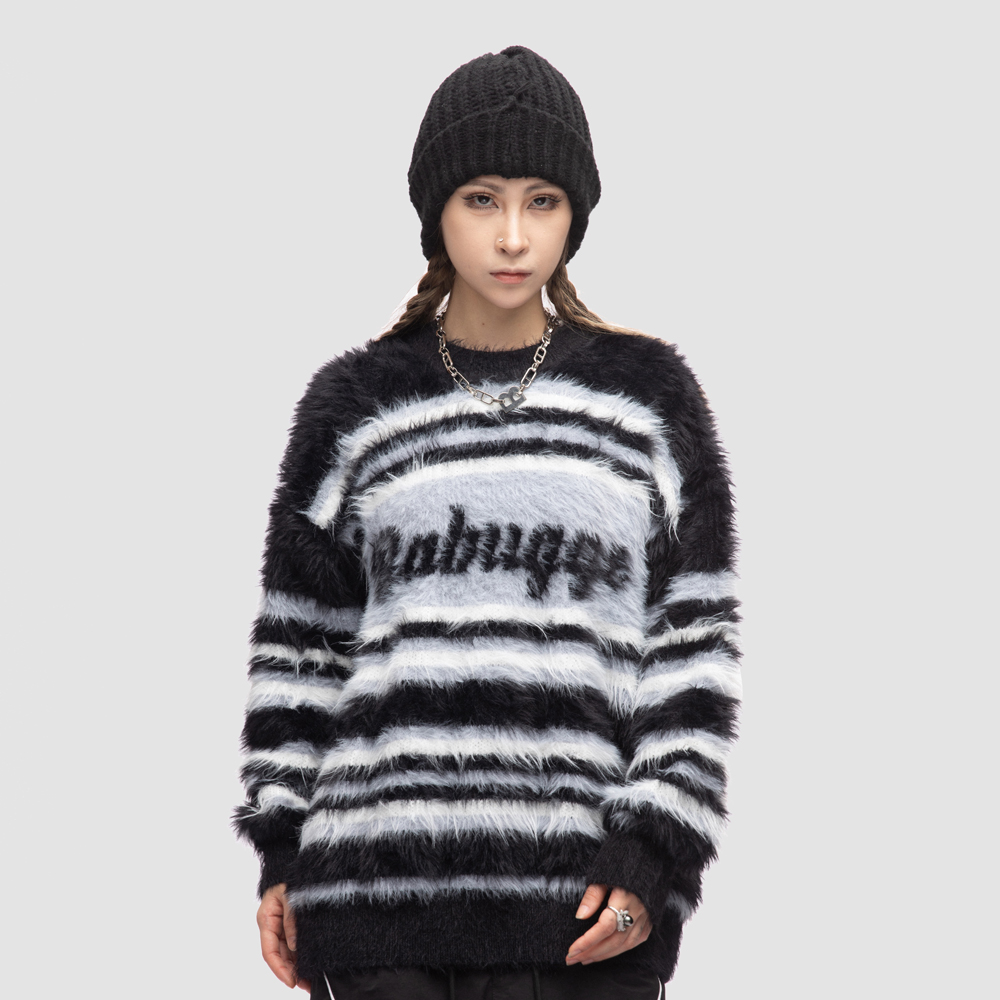 圆领美式宽松仿貂毛休闲慵懒风