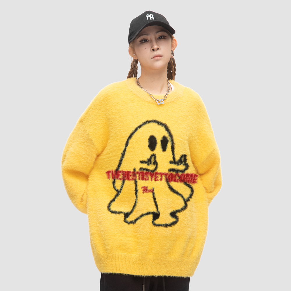 「Babugge」现货！原创美式幽灵印花圆领仿貂绒男女针织衫毛衣