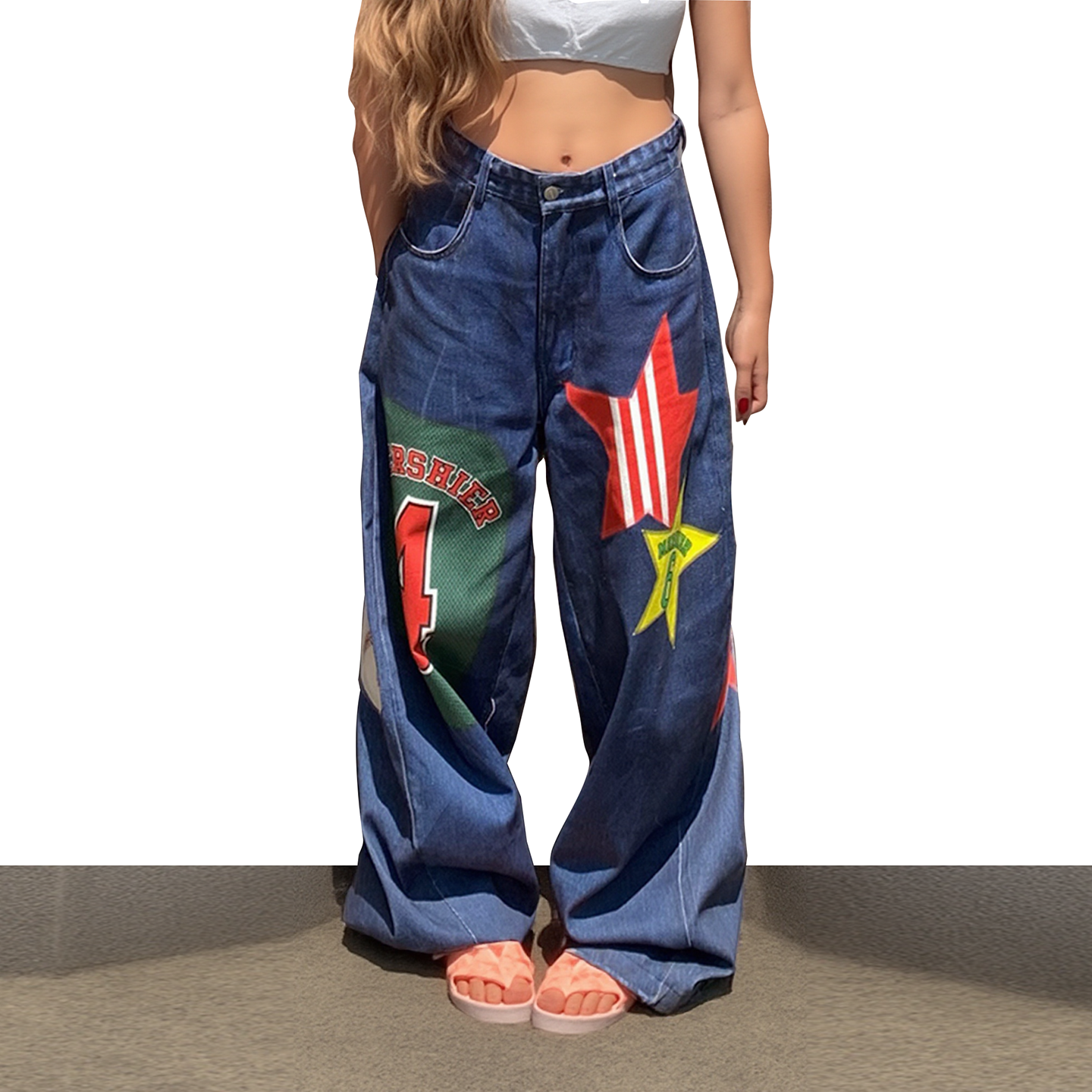 美式街头星星数字印花牛仔裤2025