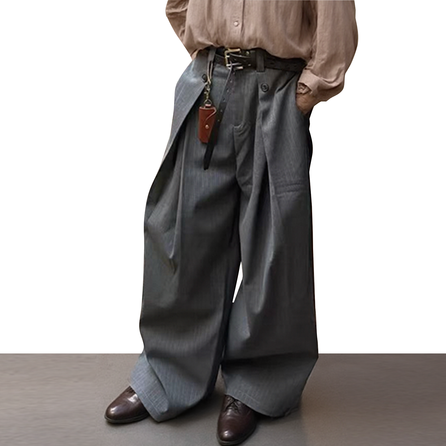 复古褶皱A字条纹垂感休闲西裤