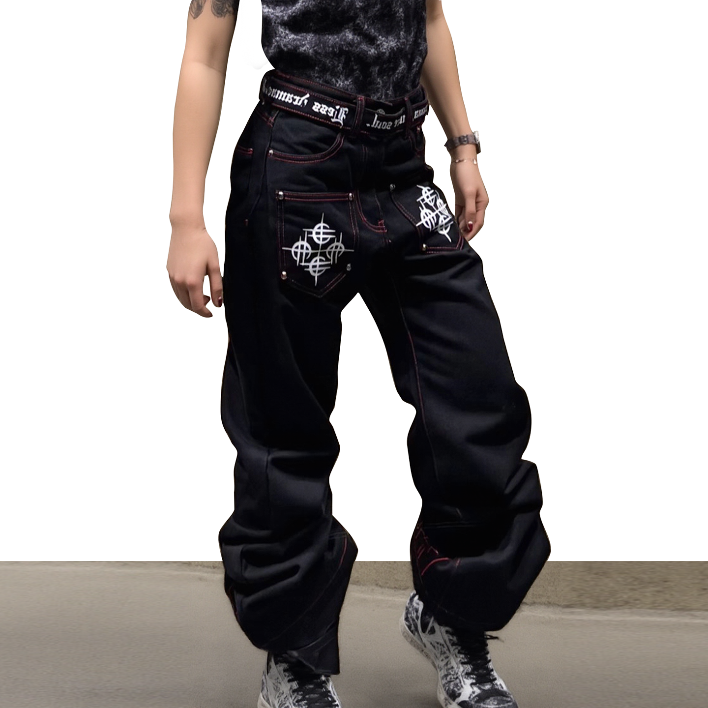 美式高级感明线飘带印花牛仔裤潮