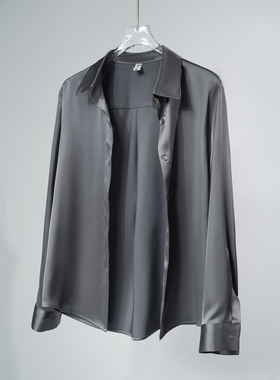 修身版石墨灰重磅缎面通勤职场百搭抗皱垂感仿醋酸春秋正肩衬衫女