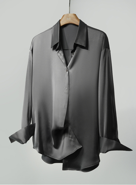 宽松版石墨灰仿醋酸柔软缎面长袖通勤百搭抗皱男女中性复古衬衫女