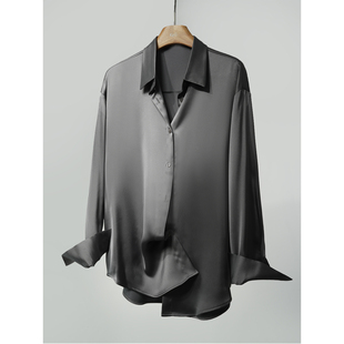 宽松版石墨灰仿醋酸柔软缎面长袖通勤百搭抗皱免烫中性复古衬衫女