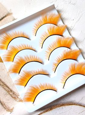 舞台COS妆彩色假睫毛黄色绿色蓝色紫色红色粉色眼尾拉长狐系睫毛