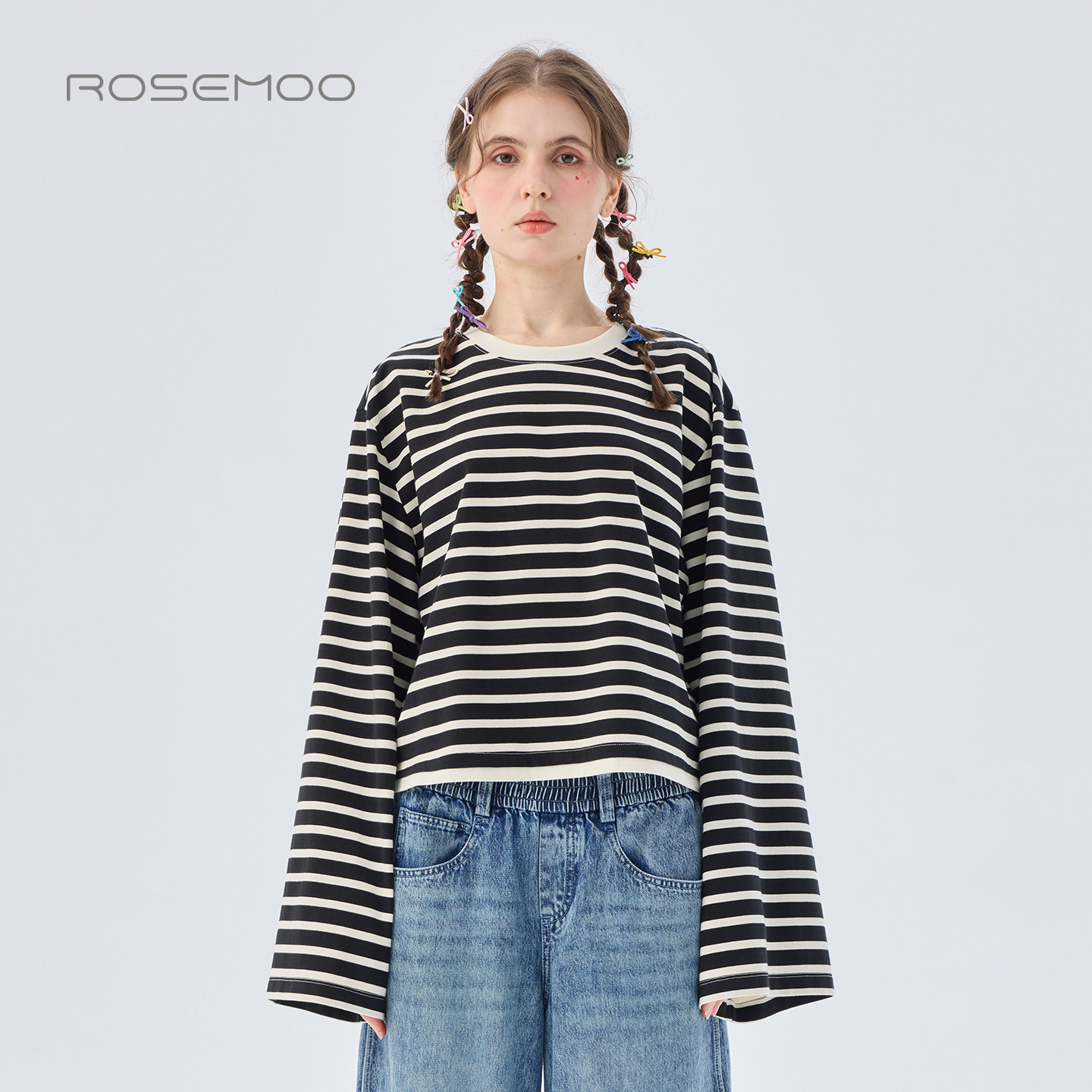 ROSEMOO/容子木26春【商场同款】圆领短款条纹长袖T恤RWM1TC273B