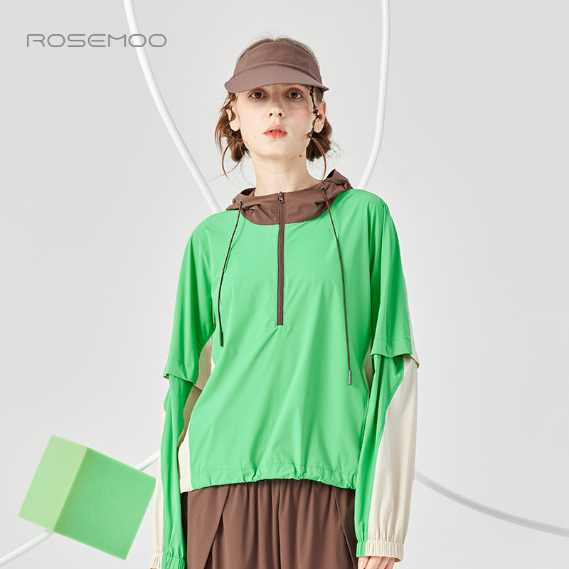 容子木ROSEMOO夏季商场同款微弹轻薄舒适拼色可拆卸袖连帽卫衣