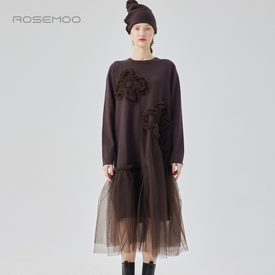 容子木ROSEMOO24年冬季新款亲肤舒适拼纱款毛织连衣裙RCL4LP321C