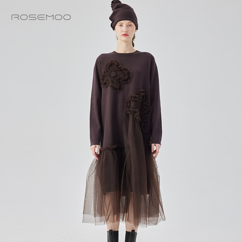 容子木ROSEMOO24年冬季新款亲肤舒适拼纱款毛织连衣裙RCL4LP321C