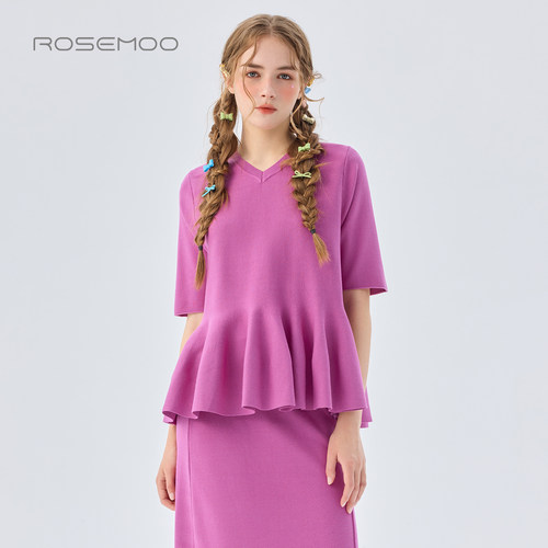 容子木ROSEMOO26春商场同款V领花瓣下摆中袖套头上衣RWM1TP291B