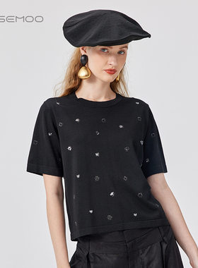 ROSEMOO/容子木25夏商场同款手工钉亮片刺绣短袖上衣RSS2TP343C