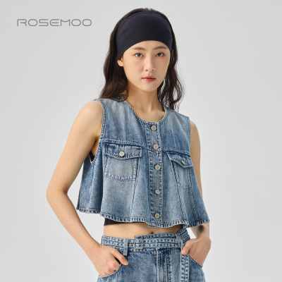 容子木ROSEMOO26夏商场同款棉感圆领A摆牛仔短款马甲RWM2AC227B