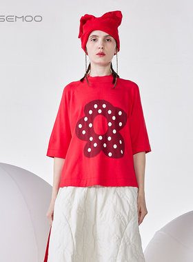 ROSEMOO/容子木24年春新款舒适亲肤棉花朵五分袖套头衫RCL1TP133A