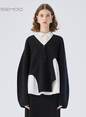 容子木ROSEMOO25秋商场同款亲肤干爽毛织拼接款开衫RSS3NP452D