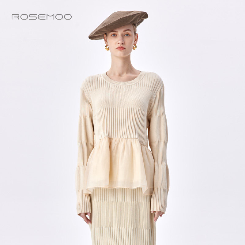 毛织拼接丝质面料圆领套头衫