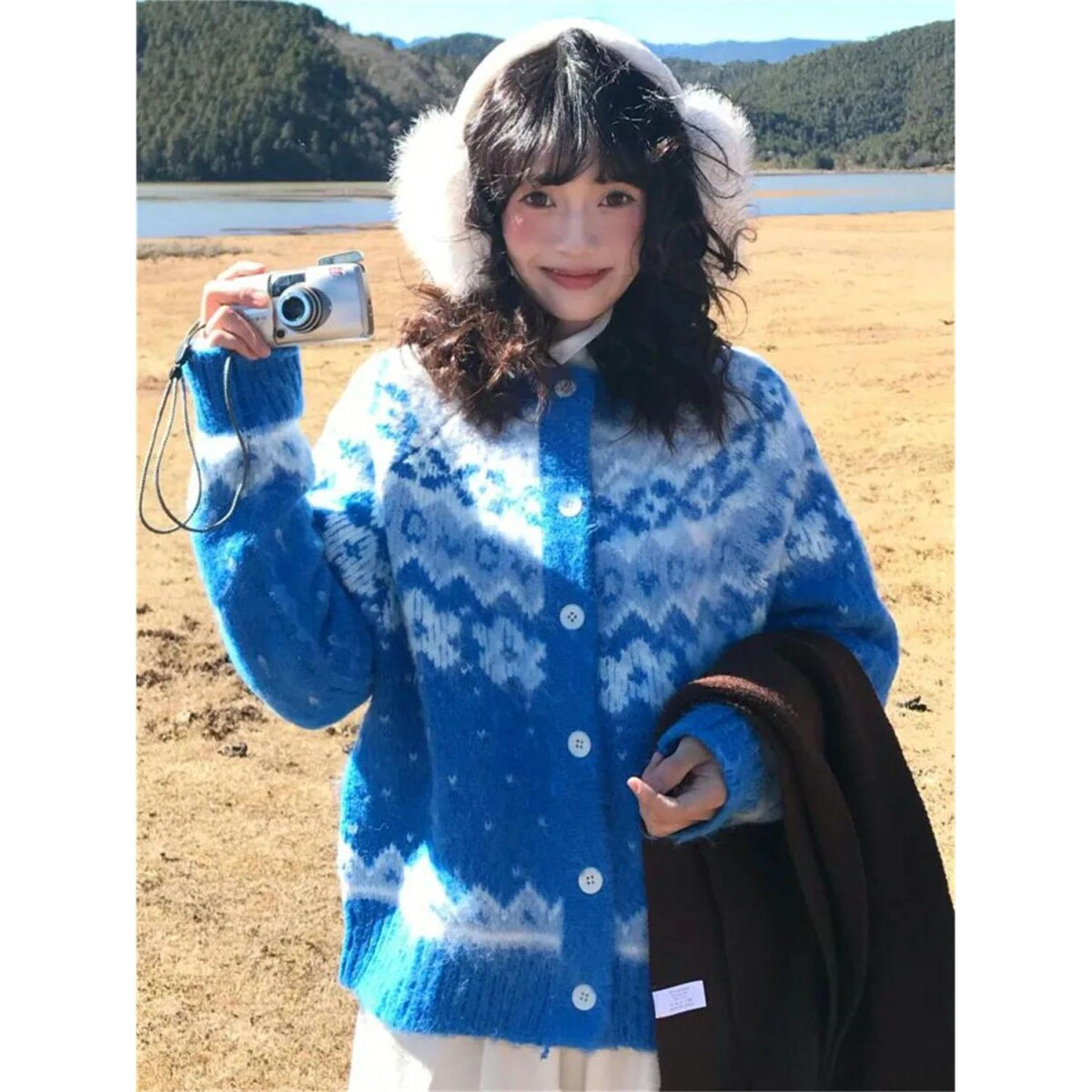 韩版甜美圆领圣诞费尔岛毛衣开衫外套女学生秋冬季宽松加厚针织衫