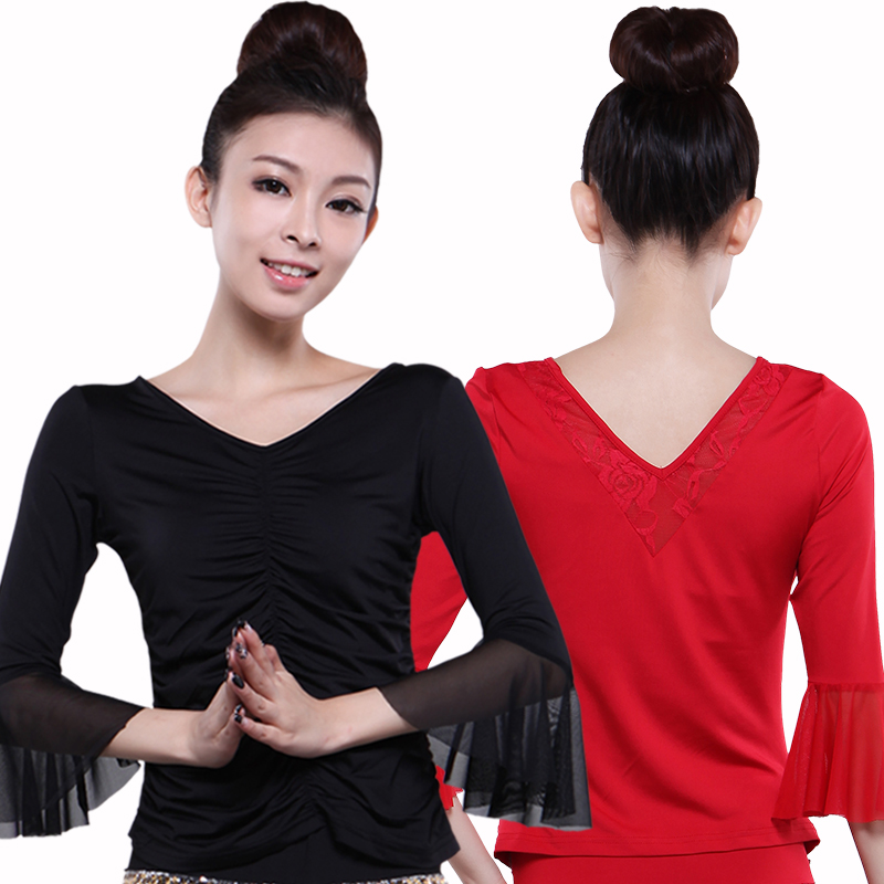 2025秋季广场舞服装新款上衣中袖双V领女成人演出舞蹈练功服上装