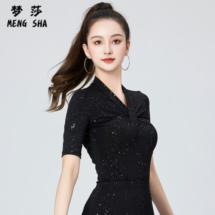 夏季新款舞蹈服女成人拉丁舞上衣摩登舞跳舞练习服装国标舞闪金