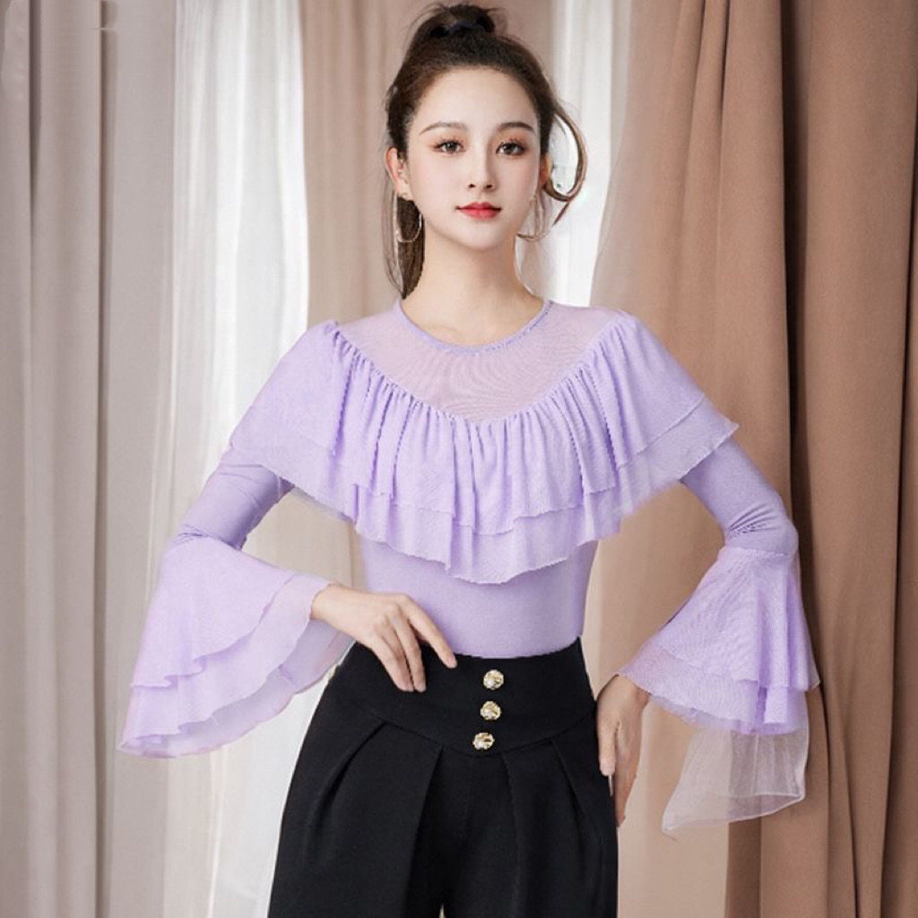 新款拉丁舞上衣女成人国标舞服摩登舞网纱练功演出广场交谊舞服