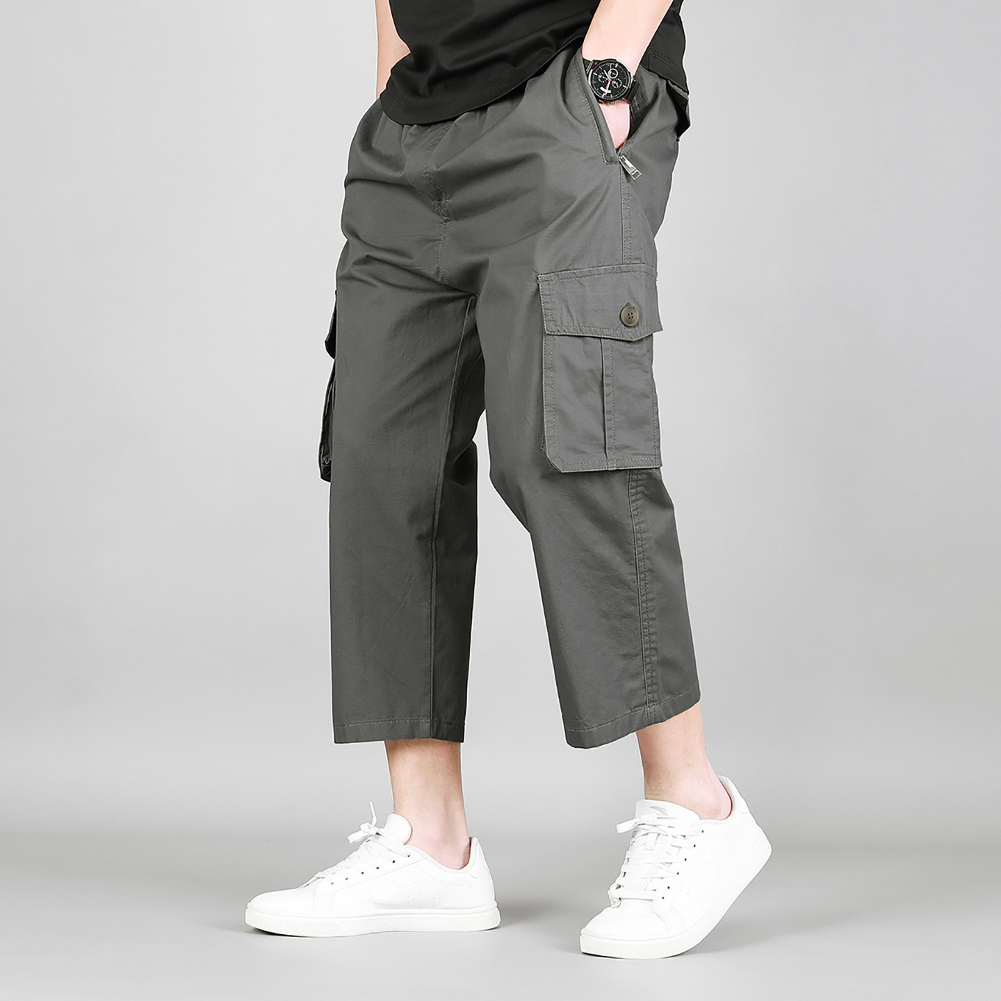 夏季新款中老年男士防丢拉链口袋八分裤男休闲裤松紧腰宽松工装裤,男装,休闲裤,淘宝优惠券,粉丝福利购,淘宝优惠卷