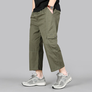 夏季新品薄高腰深裆纯棉透气男士八分裤男工装裤松紧腰宽松过膝裤