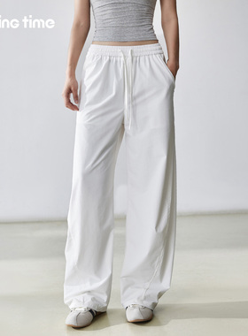 movingtime白色弯刀裤女宽松直筒运动长裤健身跑步美式工装香蕉裤