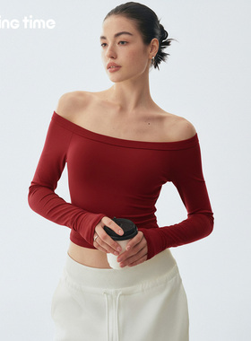 movingtime红色一字肩上衣女带胸垫瑜伽服紧身显瘦性感露肩长袖T