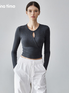 movingtime带胸垫长袖T恤女镂空设计感天丝上衣圆领打底2026新款