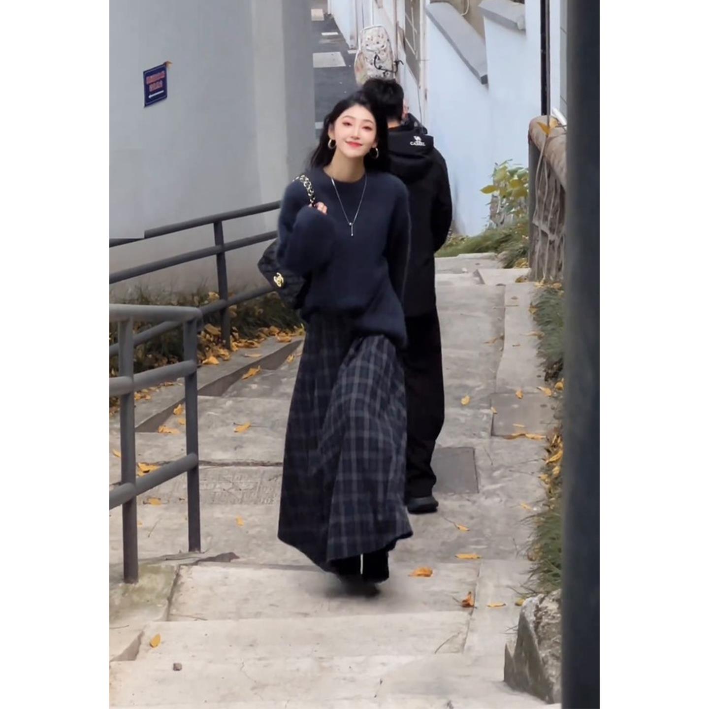 JOYIASS套装女2025新款冬装慵懒风复古圆领毛衣显瘦法式格子半身