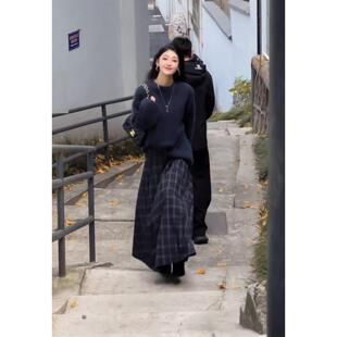 JOYIASS套装女2025新款冬装慵懒风复古圆领毛衣显瘦法式格子半身