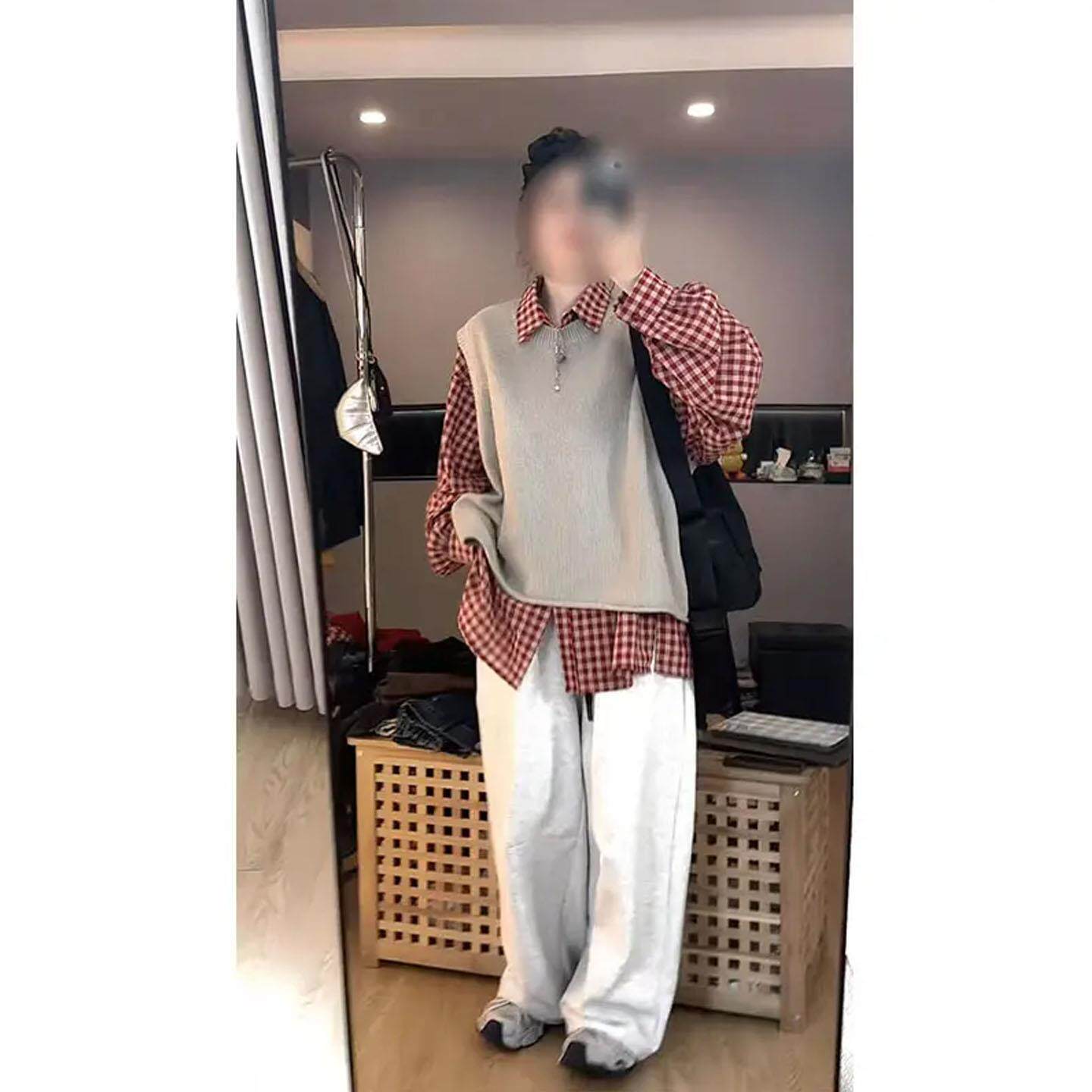 JOYIASS早秋穿搭一整套休闲宽松马甲背心叠穿格子衬衫高腰休闲裤