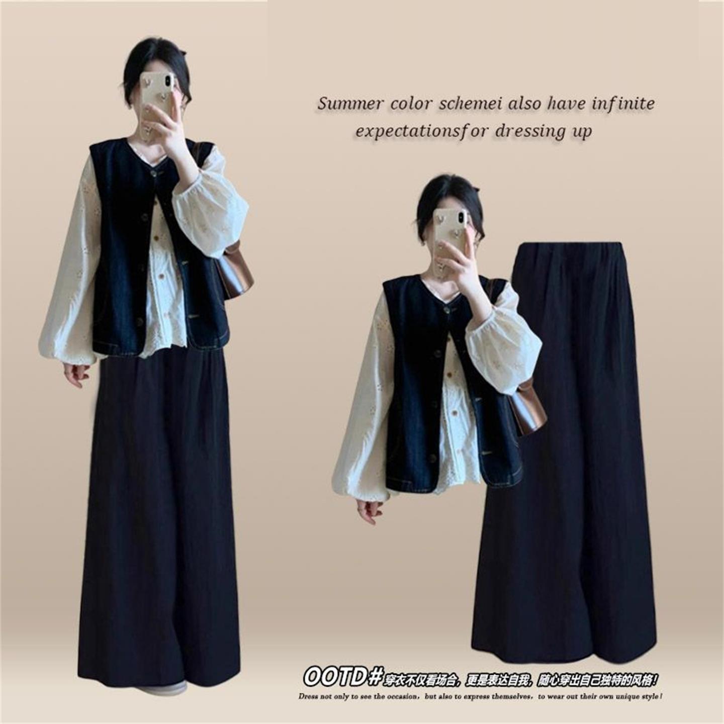 JOYIASS秋季慵懒风穿搭休闲百搭长袖衬衫复古牛仔马甲宽松阔腿裤