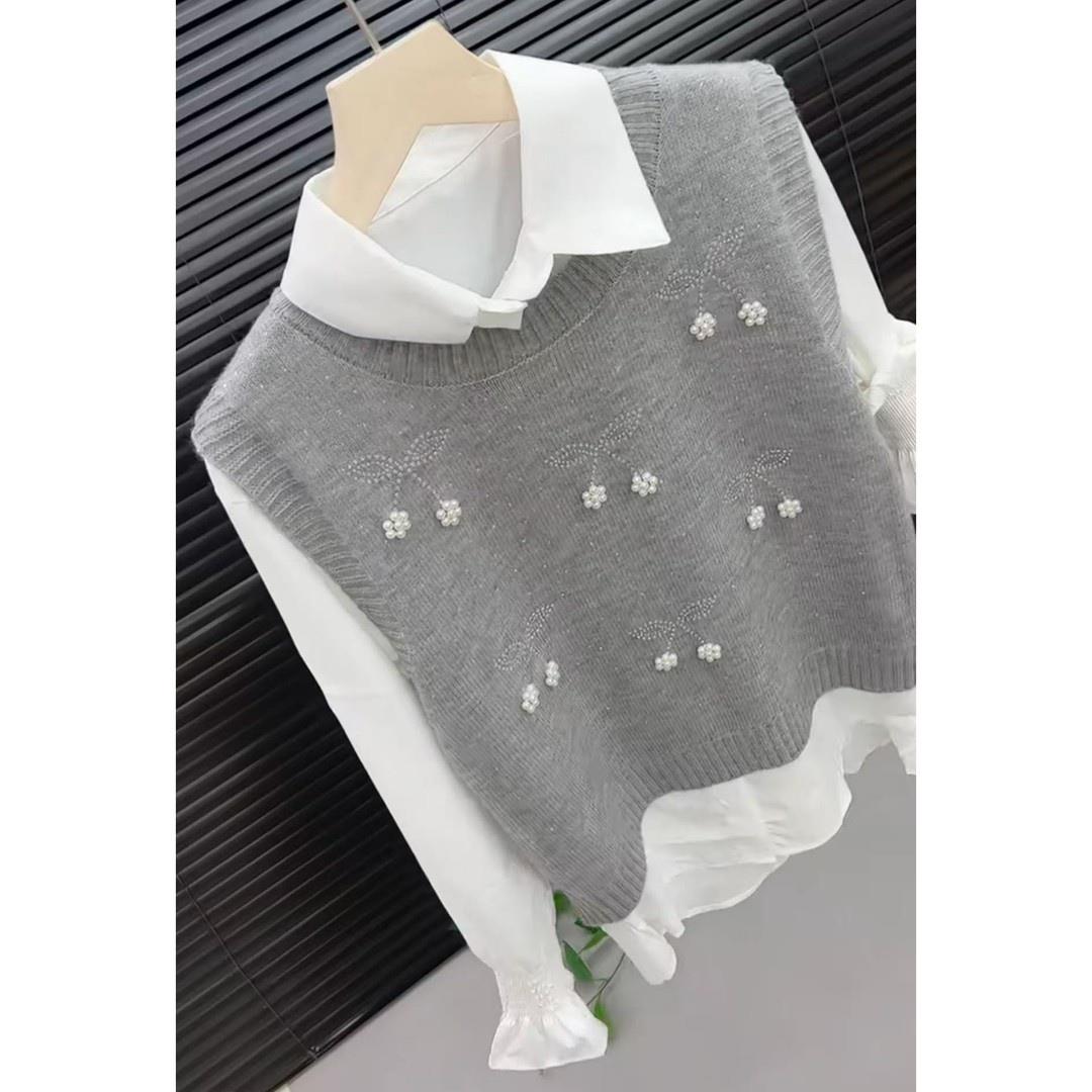 JOYIASS韩系chic套装法式气质翻领长袖衬衫叠穿高级感针织马甲背