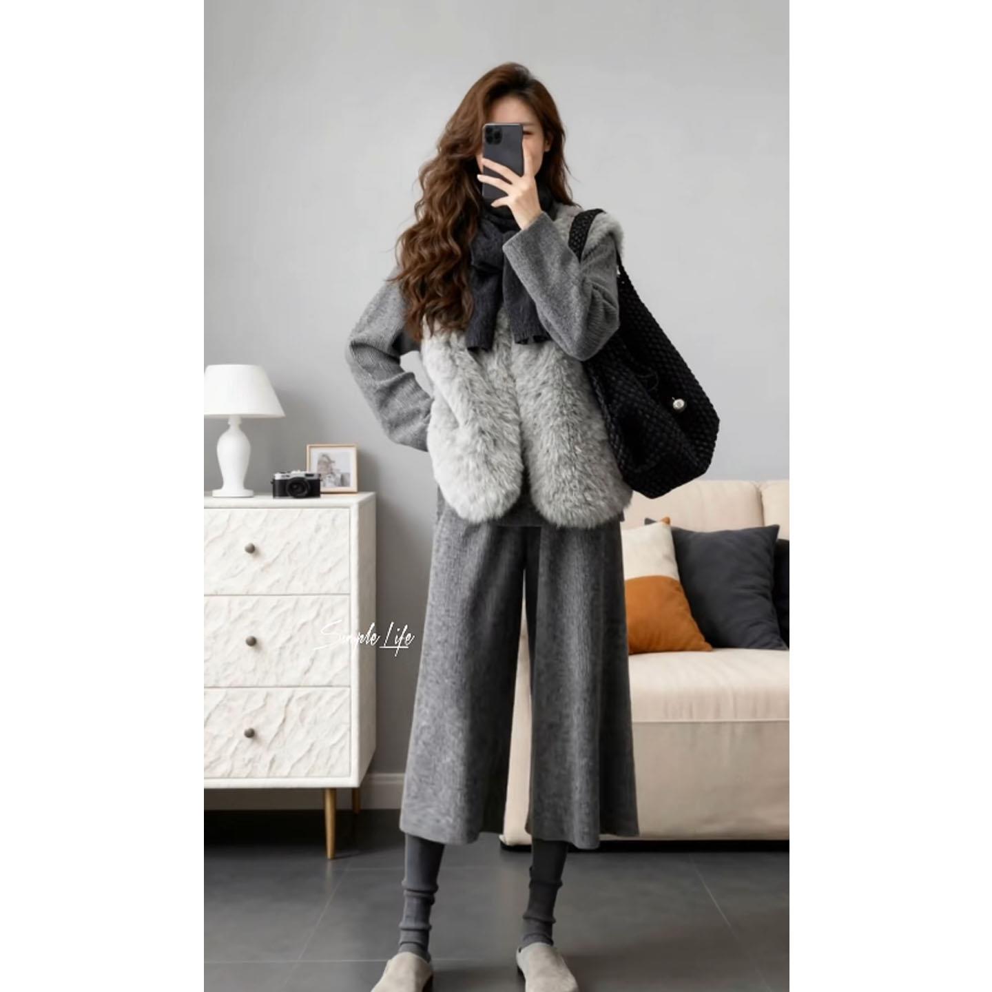 JOYIASS独特超好看冬装套装慵懒羊羔毛马甲外套气质内搭毛衣阔腿
