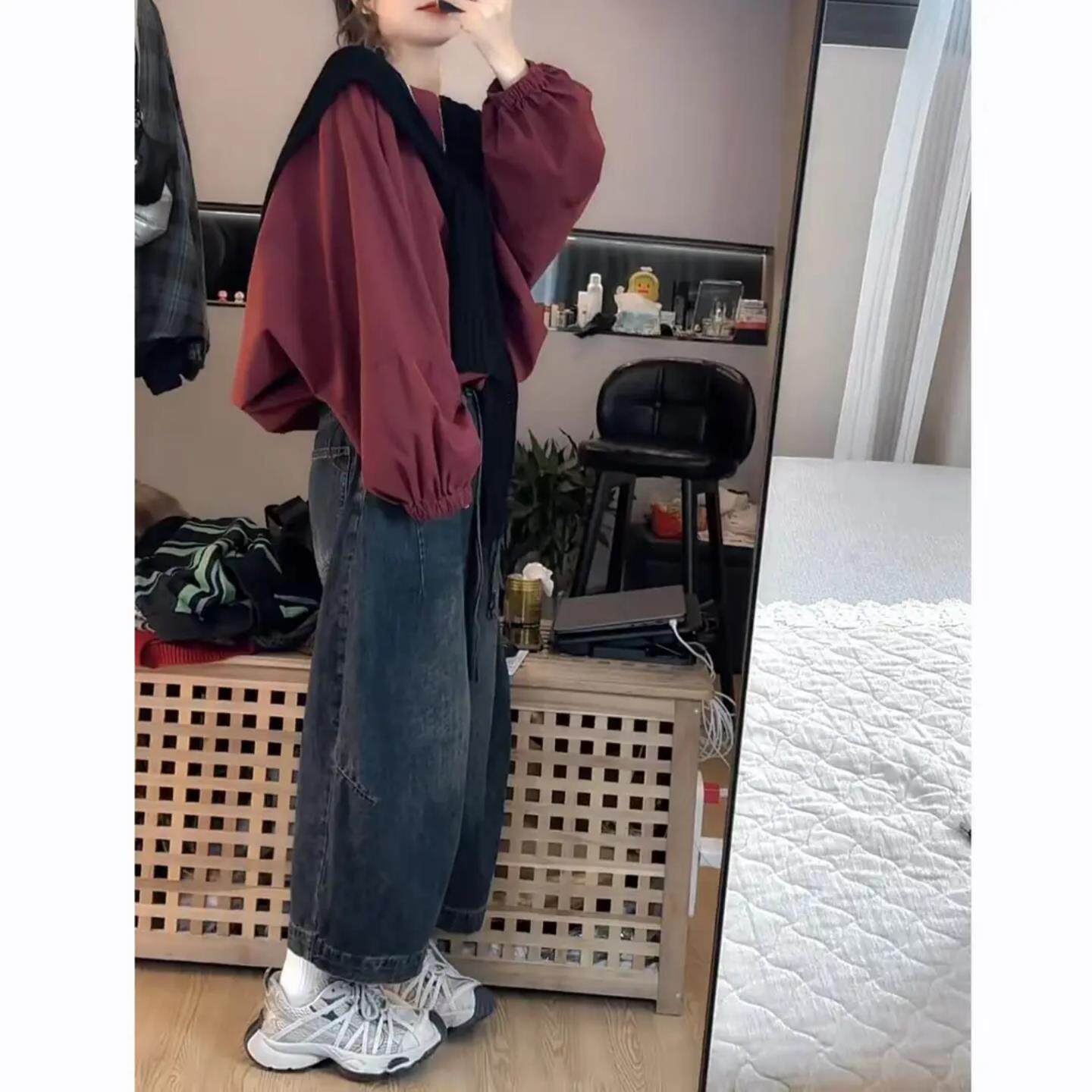 JOYIASS秋季女款套装慵懒风覆古叠穿披肩卫衣大码设计感阔腿牛仔