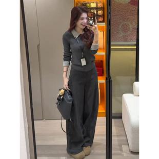 JOYIASS2025冬装搭配一整套独特漂亮polo领灰色针织衫阔腿裤小香