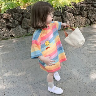 2026夏季新款儿童条纹童装韩版女童洋气中长款短袖T恤彩虹连衣裙.