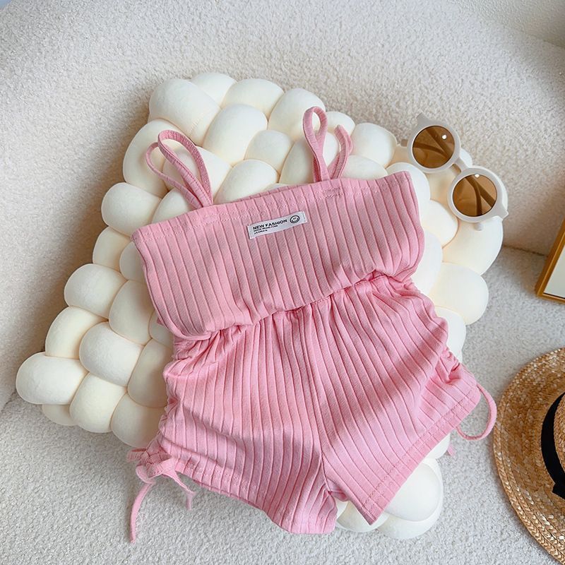 女童夏季套装冰丝网红女宝宝夏装薄款儿童衣服女孩粉色吊带两件套