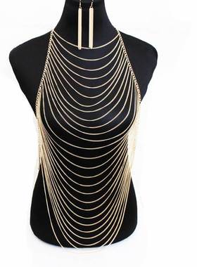 新款欧美饰品 潮流个性时尚项链 金色链条流苏夸张身体链