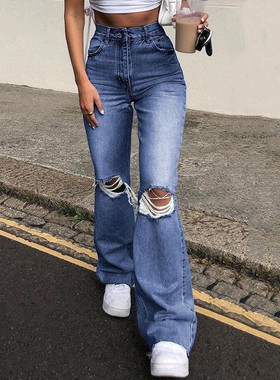 2021Fashion ripped trousers jeans women ladies pants 女长裤