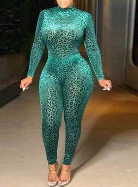 Xl-5xl Leopard print casual jumpsuit for ladies秋冬女连体裤