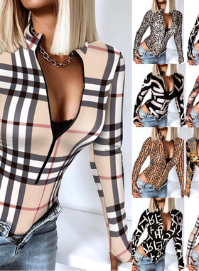 2021ebay亚马逊wish爆款 秋冬长袖V领拉链印花连体衣外套女装